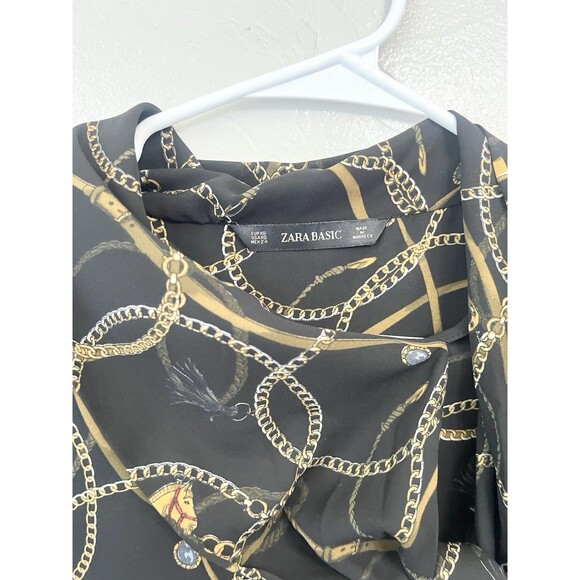 ZARA XSMALL BLACK HORSE CHAIN PRINT TIE NECK LONG OVERSIZED BLOUSE TOP XS - Picture 6 of 9